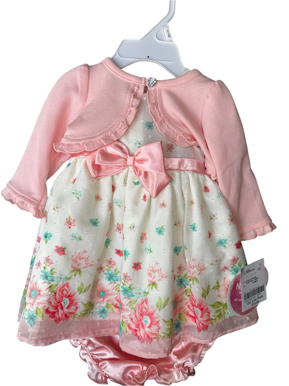 Baby Girls Pink Floral Dress and Cardigan 3 Piece Set